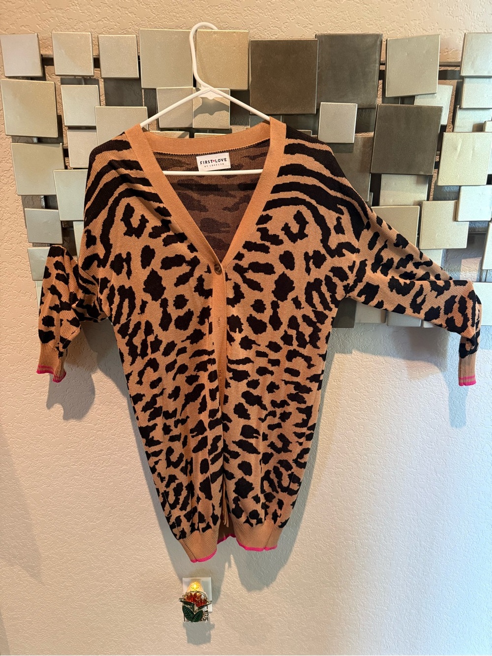 First Love Leopard-Print V-Neck Cardigan in Tan, Black with Pink Trim